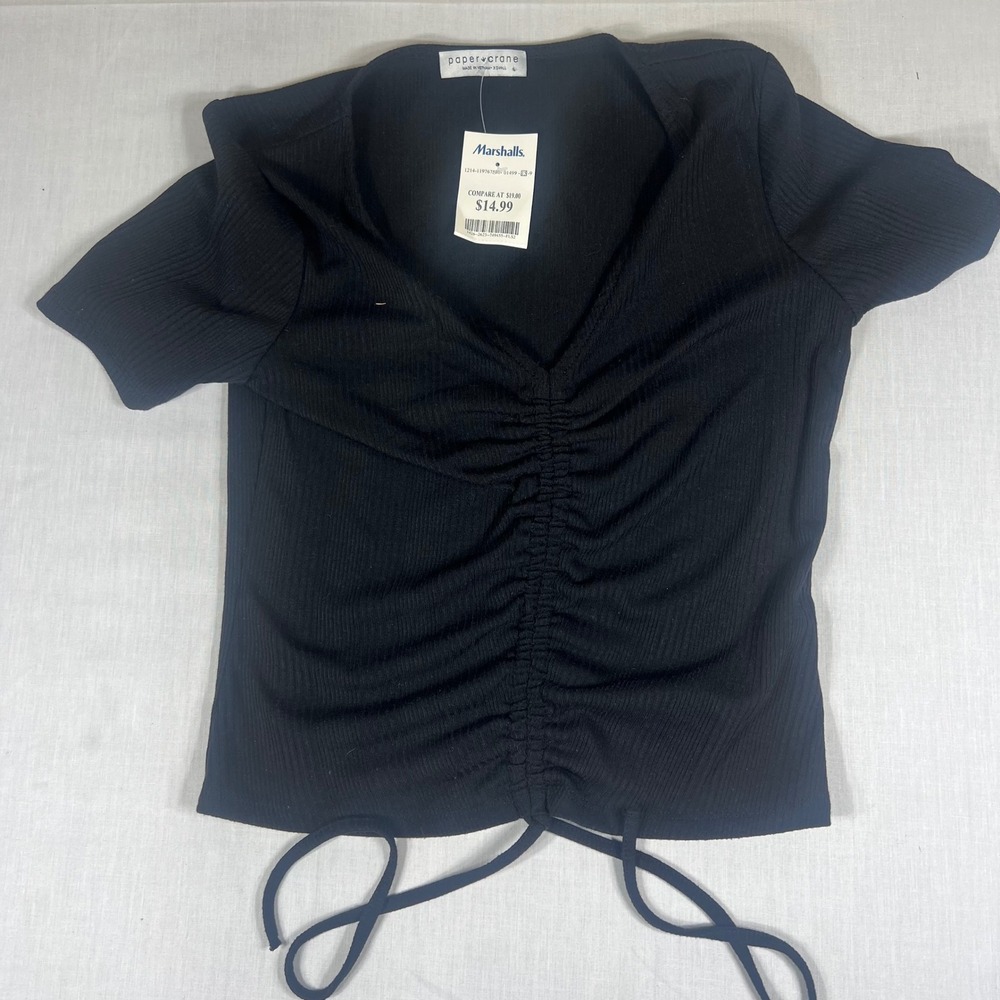 Paper Crane Womens Black Ribbed Ruched Front Drawstring V-Neck Top Size XS NEW
